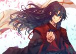  1boy absurdres black_hair black_hanfu chinese_clothes clenched_hand command_spell falling_petals fate/samurai_remnant fate_(series) half_updo hanfu high_ponytail highres kuroaki low-tied_sidelocks orange_eyes petals red_robe robe solo zheng_chenggong_(fate) 