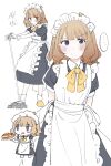  1girl :/ absurdres apron arms_behind_back blush brown_hair chibi closed_mouth highres maid maid_apron maid_headdress meeeeeeco359 mop original purple_eyes short_hair simple_background sketch solo translation_request white_background 