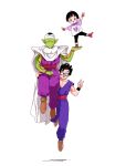  1girl 2boys :d arms_up black-framed_eyewear black_eyes black_hair black_pants black_wristband blunt_bangs blush boots brown_footwear cape carrying child closed_eyes closed_mouth commentary_request dougi dragon_ball dragon_ball_super dragon_ball_super_super_hero eyelashes father_and_daughter fingerless_gloves glasses gloves hand_up hands_up looking_at_viewer multiple_boys namekian no_eyebrows open_mouth pan_(dragon_ball) pants pectorals piccolo pny_panya pointy_ears purple_eyes purple_pants rectangular_eyewear red_footwear red_gloves red_sash sash shirt shoes short_hair short_sleeves shoulder_pads simple_background smile son_gohan spiked_hair standing_on_another&#039;s_hand sweatdrop t-shirt turban v v-shaped_eyebrows white_background white_cape wristband 