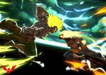 2boys amputee armband artist_logo artist_name aura bandages batmandrewart biceps blonde_hair blurry blurry_background bone broly_(dragon_ball_z) clothes_lift collar dragon_ball fang fighting fighting_stance gauntlets glowing glowing_eyes glowing_hair guro highres legend:_a_dragon_ball_tale long_hair male_focus manly mature_male multiple_boys muscular muscular_male no_shirt pants shoes skirt skirt_lift smile son_goku spiked_hair teeth thick_arms thick_eyebrows 