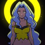 1girl akairiot bare_arms bare_shoulders blue_eyes blue_hair breasts camisole cleavage collarbone crop_top karen_(pokemon) large_breasts light_blue_hair long_hair midriff parted_bangs pokemon pokemon_hgss solo spaghetti_strap wavy_hair yellow_camisole 