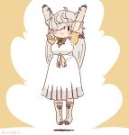  1girl animal_ears apron arms_up boots bow bowtie brown_background coroha cow_ears cow_girl cow_horns extra_ears full_body gloves grey_hair horns jumping kemono_friends long_hair looking_at_viewer shirt simple_background skirt solo yak_(kemono_friends) 