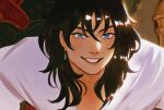  1boy black_hair blue_eyes close-up commentary earrings english_commentary gittanart hair_between_eyes highres howl_(howl_no_ugoku_shiro) howl_no_ugoku_shiro jewelry looking_to_the_side male_focus medium_hair shirt solo white_shirt 