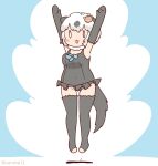  1girl animal_ears arms_up blue_background californian_sea_otter_(kemono_friends) coroha elbow_gloves extra_ears full_body gloves hair_ornament jumping kemono_friends looking_at_viewer otter_ears otter_girl otter_tail scarf short_hair simple_background solo swimsuit tail thighhighs white_hair 