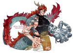  1boy bara chinese_clothes commentary dragon_horns e_mouth69 eustass_kid goggles goggles_on_head green_tail highres horns male_focus mechanical_arms one_piece pectorals pointy_ears rectangular_eyewear red_hair scales scar sidepec single_mechanical_arm solo 
