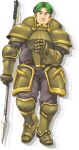  1boy armor bors_(fire_emblem) fire_emblem fire_emblem:_the_binding_blade full_body gauntlets green_eyes green_hair holding holding_polearm holding_weapon kaneda_eiji official_art outstretched_arm pauldrons polearm shadow shoulder_armor smile solo weapon yellow_armor 