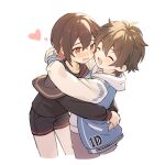  2boys black_shorts blush brown_hair chocomilk_nu colored_inner_hair eiden_(nu_carnival) hug long_sleeves male_child male_focus multicolored_hair multiple_boys nose_blush nu_carnival official_alternate_costume red_eyes red_hair short_hair short_shorts shorts simple_background smile white_background yakumo_(nu_carnival) younger 