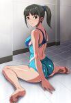 1girl anime_coloring back back_focus barefoot black_hair blue_one-piece_swimsuit monteriakitto one-piece_swimsuit original ponytail swimsuit 