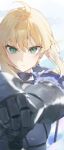  1girl absurdres ahoge armor armored_dress armored_gloves artoria_pendragon_(fate) blonde_hair blue_dress closed_mouth dress excalibur_(fate/stay_night) fate/stay_night fate_(series) green_eyes hair_between_eyes highres holding holding_sword holding_weapon kji_(rozo) long_hair long_sleeves looking_at_viewer solo sword upper_body weapon 