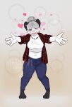 &lt;3 absurd_res aimi_(sleepysushiroll) anthro apakilyspe bear blush bottomwear clothing crop_top denim denim_bottomwear denim_clothing female flannel giant_panda hearts_around_body hi_res hug_invitation hug_request jeans mammal pants shirt solo topwear