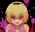  1girl :d bare_shoulders black_background black_hairband blonde_hair blood blood_splatter close-up collared_shirt commentary evil_smile eyelashes fang gradient_background hairband highres higurashi_no_naku_koro_ni houjou_satoko looking_at_viewer open_mouth pink_shirt red_background red_eyes shaded_face shirt short_hair simple_background sleeveless sleeveless_shirt slit_pupils smile solo straight-on upturned_eyes v-shaped_eyebrows yuno_ff 