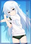  1girl alternate_costume black_thighhighs blue_background buruma commentary_request cowboy_shot gradient_background green_buruma grey_eyes gym_shirt gym_uniform hibiki_(kancolle) highres inaba_shiki kantai_collection long_hair looking_at_viewer shirt solo standing stretching t-shirt thighhighs white_hair white_shirt 