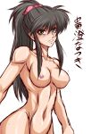  1990s_(style) 1girl blush breasts broad_shoulders brown_hair clenched_teeth collarbone commentary_request completely_nude cowboy_shot green_eyes hair_ornament hair_scrunchie kisumi_natsuki long_bangs looking_at_viewer medium_breasts messy_hair muscular muscular_female natsuki_crisis navel nipples nude out-of-frame_censoring pink_scrunchie ponytail retro_artstyle scrunchie sketch taroimo_(00120014) teeth translation_request white_background wide_hips 