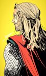  1boy artist_name avengers_(series) back beard black_shirt blonde_hair blue_eyes braid cape closed_mouth english_commentary facial_hair french_braid highres long_hair long_sleeves looking_to_the_side male_focus marvel marvel_cinematic_universe ponytail red_cape shirt simple_background solo standing thor_(marvel) toy_(toy084) v-shaped_eyebrows yellow_background 