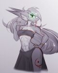 abs absurd_res anthro black_clothing bottomwear bracelet breasts cleavage clothed clothing countershade_torso countershading dragon female fur glowing glowing_eyes green_eyes grey_body grey_fur grey_hair hair hi_res inner_ear_fluff jewelry long_ears long_hair long_tail long_tongue looking_at_viewer markings red_markings simple_background skimpy skirt slim_female small_breasts small_waist solo sundownerart tail tongue topwear tube_top tuft