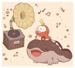  border brown_background clodsire closed_eyes commentary_request crocodilian fangs fuecoco happy highres musical_note no_humans open_mouth phonograph pokemon pokemon_(creature) smile star_(symbol) tail waltz_(wal_w_wal) white_border 
