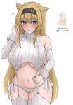  1girl animal_ear_fluff animal_ears arknights bare_shoulders black_hairband blonde_hair blush breasts cowboy_shot embarrassed grey_sweater hairband highres horn_(arknights) horns large_breasts long_hair meme_attire namikare navel parted_lips ribbed_sweater sideboob simple_background solo stomach sweat sweater thighhighs turtleneck turtleneck_sweater underboob very_long_hair virgin_killer_sweater white_background wolf_ears 