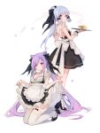  2girls apron aqua_eyes bangs black_footwear blush breasts clothes_lift cup hair_ornament highres holding holding_tray kamisato_ayaka keqing_(genshin_impact) light_blue_hair long_hair looking_at_viewer maid maid_apron multiple_girls ponytail purple_eyes purple_hair simple_background skirt skirt_lift smile teacup thighhighs tray twintails very_long_hair waitress white_background wrist_cuffs yenkoes 
