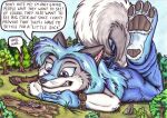  anthro blue_eyes canid canine canis cerberus_(artist) cerberus_(character) comic female foot_crush footprint hindpaw humor macro male mammal nikita_(character) not_big_and_not_clever outside pawpads paws speech_bubble tirrel wolf 