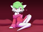  &lt;3 2020 3_fingers bed clothed clothing cowlick female fingers furniture gardevoir green_hair hair hand_on_leg hi_res humanoid kordcross looking_away mia_(marbearis) nintendo not_furry off_shoulder pillow pok&eacute;mon pok&eacute;mon_(species) red_background red_eyes short_hair simple_background sitting smile solo sweater topwear video_games 