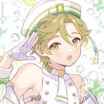  1boy bare_shoulders beads blush chocomilk_nu gem gloves green_eyes green_hair long_sleeves looking_at_viewer male_child male_focus nu_carnival olivine_(nu_carnival) open_mouth salute short_hair tassel white_gloves white_headwear younger 