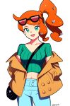  1girl absurdres aqua_eyes aqua_shirt artist_name breasts brown_coat cleavage coat collarbone crop_top denim eyewear_on_head hair_ornament heart heart_hair_ornament highres jeans medium_breasts midriff orange-tinted_eyewear orange_hair pants pokemon pokemon_swsh removing_coat ribbed_shirt shirt short_sleeves side_ponytail smgold solo sonia_(pokemon) sunglasses swept_bangs teeth tinted_eyewear upper_teeth_only v-neck 