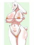 &lt;3 &lt;3_eyes 2023 2_horns anthro big_breasts bikini biped bluepanda1 blush blush_lines bodily_fluids boss_monster bovid breasts camel_toe caprine clothed clothing eyebrows female floppy_ears front_view genital_fluids goat hi_res horn huge_breasts leaking long_ears mammal mature_female micro_bikini navel open_mouth pussy_juice pussy_juice_leaking scut_tail short_tail simple_background solo standing swimwear tail thick_thighs toriel undertale undertale_(series) white_background white_body