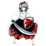  animal_ears barefoot detached_sleeves grey_hair inubashiri_momiji pom_pom_(clothes) red_eyes sakuragi_rian shield shirt short_hair sleeveless sleeveless_shirt solo sword tail toes touhou weapon wolf_ears wolf_girl wolf_tail zun_(style) 