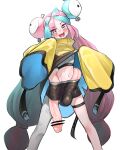  1girl anatomical_nonsense asymmetrical_legwear bike_shorts blue_hair blush bow-shaped_hair character_hair_ornament frogsnake futanari grey_pantyhose hair_ornament iono_(pokemon) jacket long_hair looking_at_viewer multicolored_hair open_mouth oversized_clothes pantyhose penis pink_hair pokemon pokemon_sv sharp_teeth single_leg_pantyhose sleeves_past_fingers sleeves_past_wrists smile solo split-color_hair teeth testicles thigh_strap very_long_sleeves yellow_jacket 