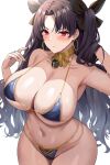  1girl absurdres bikini black_hair black_ribbon blue_bikini blush breasts closed_mouth commentary_request earrings fate/grand_order fate_(series) hair_ribbon highres hoop_earrings huge_breasts ishtar_(fate) jasony jewelry long_hair looking_at_viewer navel red_eyes ribbon simple_background sweat swimsuit two_side_up white_background 