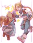  2boys ayana_(iqaw5cfohvdtver) belt black_mage blonde_hair blue_coat blue_pants blue_vest boots closed_eyes coat cropped_vest final_fantasy final_fantasy_ix frilled_shirt_collar frills full_body gloves grey_footwear grey_gloves grin hair_ribbon hand_on_own_hip hat high_five low_ponytail male_focus monkey_tail multiple_boys neck_ribbon pants parted_bangs red_footwear red_gloves ribbon shirt short_hair sleeveless sleeveless_shirt smile striped striped_pants tail teeth vest vivi_ornitier white_shirt wizard_hat wrist_cuffs zidane_tribal 