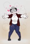 &lt;3 absurd_res aimi_(sleepysushiroll) anthro apakilyspe balls_outline bear blush bottomwear bulge clothing crop_top denim denim_bottomwear denim_clothing flannel genital_outline genitals giant_panda gynomorph hearts_around_body hi_res hug_invitation hug_request intersex jeans mammal pants penis penis_outline shirt solo topwear