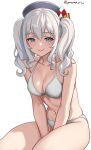  1girl bikini blue_eyes breasts closed_mouth collarbone grey_bikini grey_hair hair_between_eyes hat highres kantai_collection kashima_(kancolle) light_blush long_hair looking_at_viewer medium_breasts navel one-hour_drawing_challenge sidelocks simple_background sitting smile solo swimsuit thick_thighs thighs twintails twitter_username white_background yamano_rita 