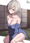  1girl absurdres blue_eyes blue_kimono breasts grey_hair hair_ornament hair_over_one_eye hairclip hamakaze_(kancolle) highres indoors japanese_clothes kantai_collection kimono lanthan large_breasts off_shoulder official_alternate_costume on_floor short_hair sliding_doors solo tatami yukata 