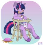anthro anthrofied bowl container cutlery dirty equid equine female food friendship_is_magic hasbro hi_res high_chair horn kitchen_utensils mammal my_little_pony smile solo spilled_food spilled_liquid spoon stargal_galexi tools twilight_sparkle_(mlp) unicorn