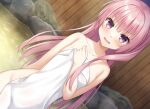  1girl arm_behind_back bare_shoulders bath bathing blush breasts collarbone commentary covering_breasts covering_privates cowboy_shot dutch_angle eyelashes eyes_visible_through_hair frown groin gyaoo_yuzu_soft hair_between_eyes hair_down hand_up holding long_hair looking_at_viewer mitsukasa_ayase naked_towel nude_cover onsen open_mouth pink_eyes pink_hair purple_eyes riddle_joker rock small_breasts solo straight_hair towel v-shaped_eyebrows very_long_hair water 