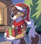 anthro australian_shepherd canid canine canis christmas christmas_clothing christmas_headwear clothing domestic_dog eyewear female gift glasses hat headgear headwear herding_dog holidays mammal nicole_(savestate) pastoral_dog red_merle santa_hat savestate scarf sheepdog spots tim_weeks