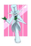  2021 3_fingers bowing classy clothing fingers gallade green_body hat headgear headwear hi_res humanoid kordcross male nintendo not_furry one_eye_closed pink_background pok&eacute;mon pok&eacute;mon_(species) red_eyes signature simple_background sir_gallade solo suit top_hat video_games 