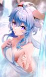  1girl ahoge blue_hair blush breasts commentary_request ganyu_(genshin_impact) genshin_impact hands_up highres holding holding_towel horns kmes_niku large_breasts long_hair looking_at_viewer nude parted_lips purple_eyes solo towel upper_body very_long_hair water 