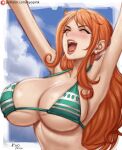  1girl armpits arms_up artist_name bikini breasts cleavage closed_eyes cloud cloudy_sky dated earrings english_commentary halterneck huge_breasts jewelry kyopink lipstick long_hair makeup micro_bikini nami_(one_piece) narrow_waist one_piece open_mouth orange_hair outside_border sideboob sidelocks signature skindentation sky smile solo sweat swimsuit underboob upper_body 