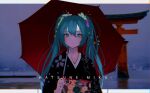  1girl aqua_eyes aqua_hair bangs black_kimono character_name closed_mouth commentary_request floral_print flower hair_flower hair_ornament hatsune_miku highres holding holding_umbrella japanese_clothes kimono letterboxed long_hair outside_border photo_background signature solo torii twintails umbrella upper_body very_long_hair vocaloid yougashi yukata 