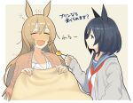  2girls =_= absurdres animal_ears ashinowoto black_hair blanket blue_eyes brown_hair cardigan cold_pack commentary_request eishin_flash_(umamusume) feeding food grey_jacket hair_down highres holding holding_blanket holding_spoon horse_ears jacket long_hair multiple_girls neckerchief open_mouth pudding red_neckerchief sailor_collar scarf shirt short_hair sick sleep_bubble smart_falcon_(umamusume) spoon sweatdrop translated umamusume upper_body white_shirt 