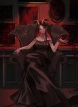  1girl absurdres bare_shoulders black_dress blood chair colored_inner_hair crossed_legs demon demon_girl demon_horns dress gothic highres horns long_dress long_hair looking_at_viewer multicolored_hair multiple_bracelets original picture_frame teizen_(rkm8656) 