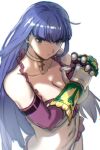  1girl aoba_(smartbeat) bangs bare_shoulders bikini blue_eyes breasts choker cleavage collarbone cross cross_choker elbow_gloves fate/grand_order fate_(series) gauntlets gloves highres large_breasts long_hair looking_at_viewer martha_(fate) martha_(swimsuit_ruler)_(fate) navel purple_hair red_gloves solo swimsuit white_bikini 
