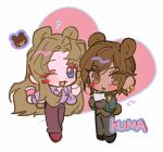  :3 animal_ears bear_ears bear_tail black_gloves blush blush_stickers brown_hair brown_pants chibi collared_shirt cup gloves heart highres holding holding_cup huyj_cl limbus_company long_hair looking_at_viewer open_mouth outis_(project_moon) pants pink_shirt project_moon purple_pants rodion_(project_moon) shirt shoes simple_background smile tail very_long_hair white_background 