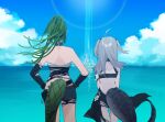  2girls absurdres ahoge arknights bare_shoulders black_shorts blue_sky cloud crocodilian_tail cropped_legs day from_behind gavial_(arknights) gavial_the_invincible_(arknights) green_hair grey_hair highres long_hair multiple_girls outdoors ponytail short_shorts shorts sky standing tail teizen_(rkm8656) tomimi_(arknights) torn_clothes 