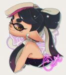  +_+ 1girl bare_arms bare_shoulders black_hair black_jumpsuit breasts callie_(splatoon) detached_collar earrings food food_on_head highres hoop_earrings isamu-ki_(yuuki) jewelry jumpsuit medium_breasts mole mole_under_eye object_on_head pointy_ears short_jumpsuit solo splatoon_(series) squid strapless sushi swept_bangs tentacle_hair twintails yellow_eyes 