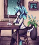 anakoluth anthro black_bottomwear black_clothing black_pants bottomwear clothing container cup deer furniture hi_res mammal painting_(object) pants plant scut_tail short_tail solo sweater table tail topwear