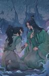  2boys bed bindi black_hair blood blood_from_mouth broken_glass bullying curly_hair djuney9 fog ghost glass gradient_background grass_print green_eyes hair_ornament highres hospital_bed luo_binghe male_focus multiple_boys official_art ponytail renzha_fanpai_zijiu_xitong shen_jiu_(renzha_fanpai_zijiu_xitong) shen_qingqiu tears tombstone two-tone_background whorled_clouds 