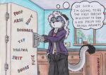  anthro appliance bottomwear cerberus_(artist) clothed clothing comic explicit_text felid feline female fridge fur humor inside jacket kitchen kitchen_appliance mammal not_big_and_not_clever pants snow_(character) solo tirrel topwear white_body white_fur 